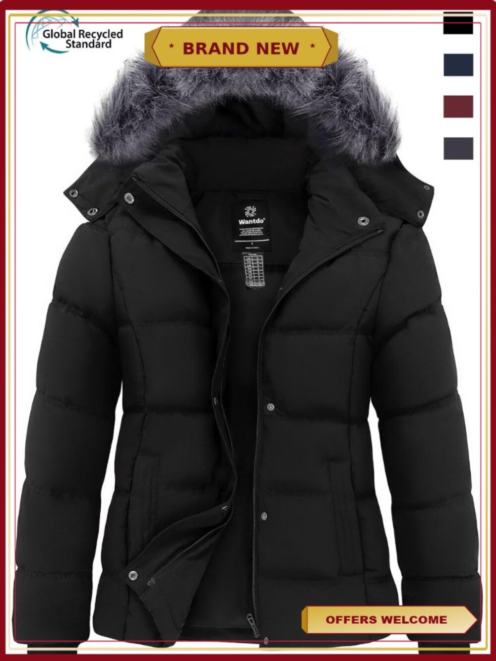 Women's Recycled Winter Thicken Puffer Coat Windproof Removable Hood